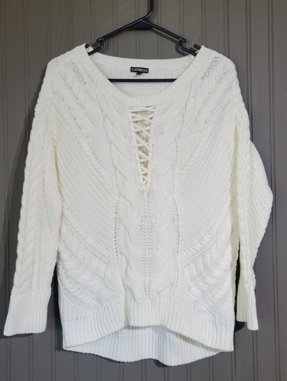 Express Long Sleeve Cable Knit Sweater Faux Lace-Up Front White Women's XS